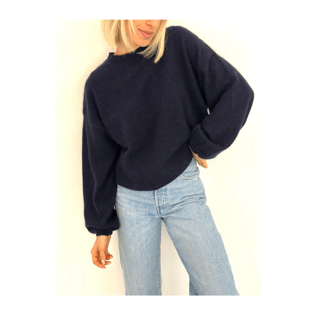 Puffed Sleeves Round Neck Jumper Navy Blue