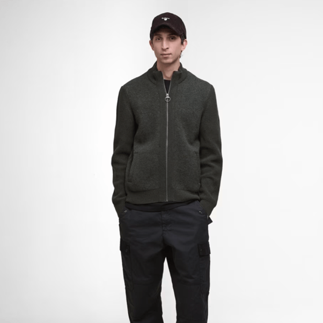 Barbour Milburn Zip Through Knitted Jumper Dark Olive