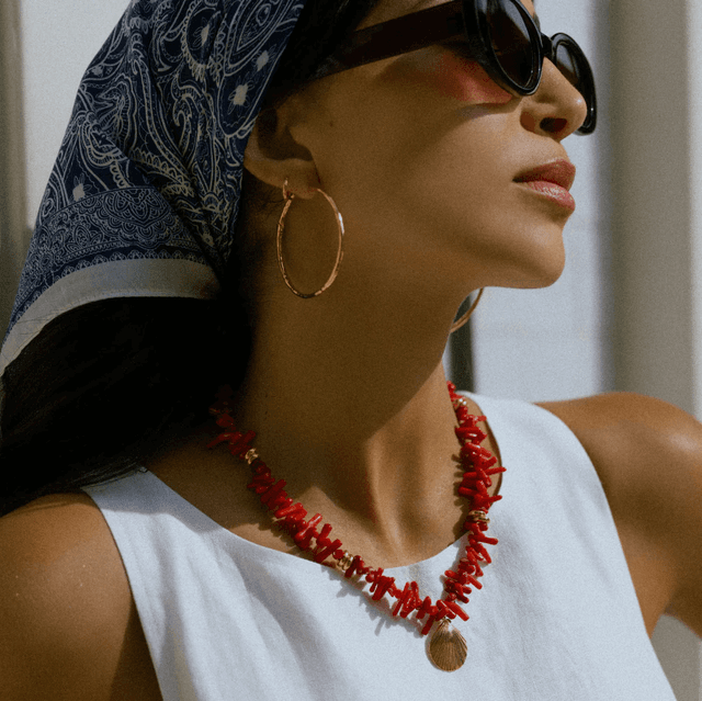 Red Coral Chip &amp; Shell Necklace