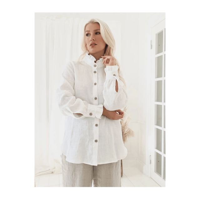 Ruffle Linen Shirt White